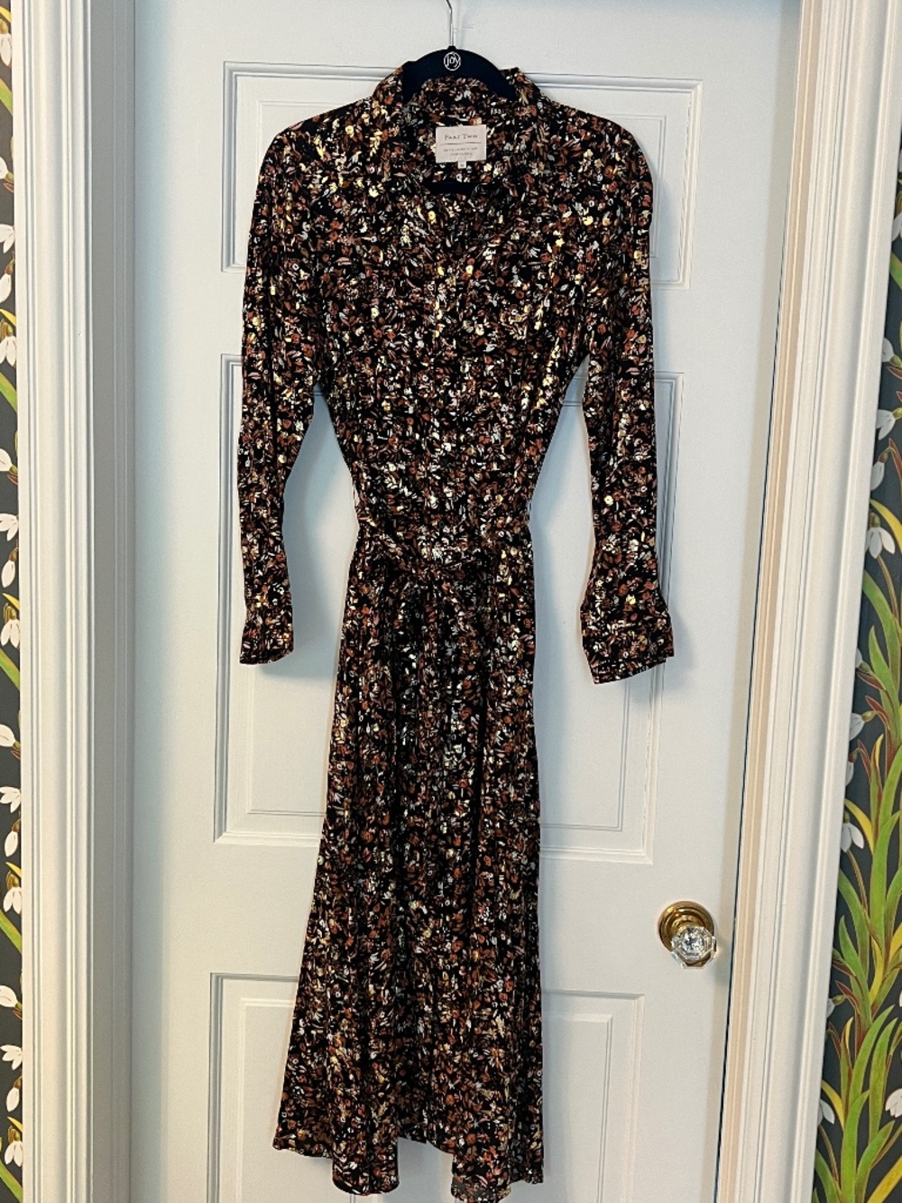 Part Two Edie shirt dress, size 36, black, brown, metallic gold